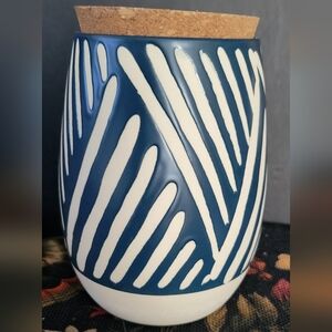 Blue and Cream Ceramic Canisters With Cork Lids New